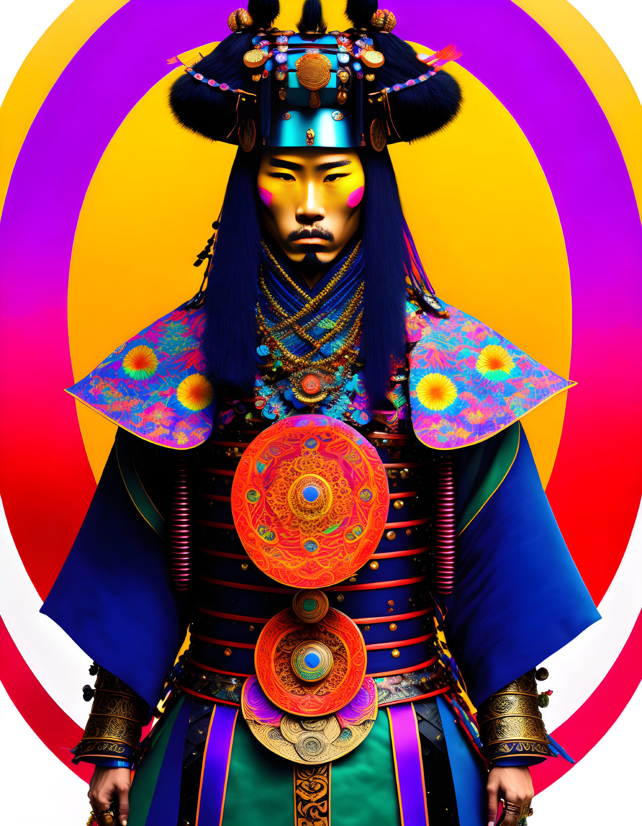 Colorful East Asian warrior figure with mandala on vibrant digital art