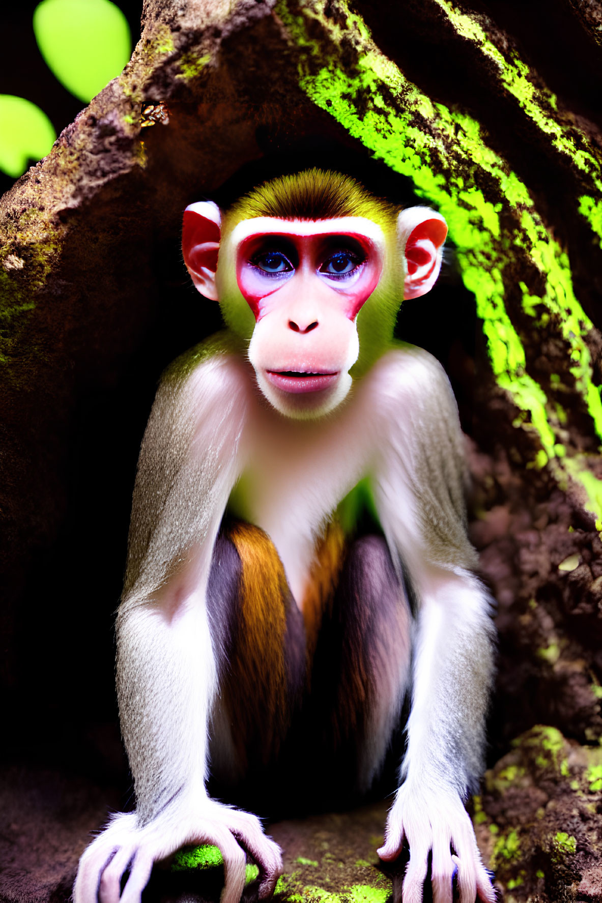 Colorful close-up photo of monkey with prominent eyes by tree in pink and green hues