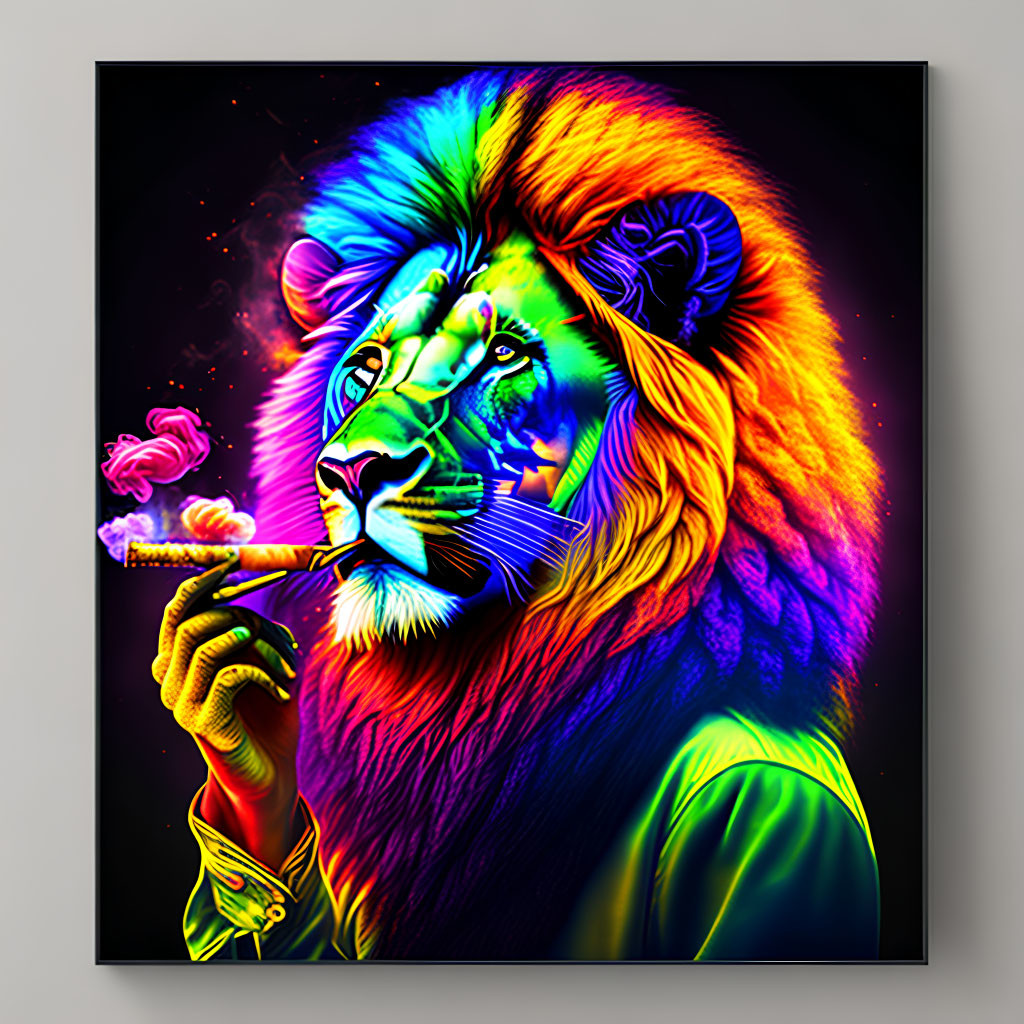 Vibrant lion digital art: rainbow palette, cigar, suit against black.