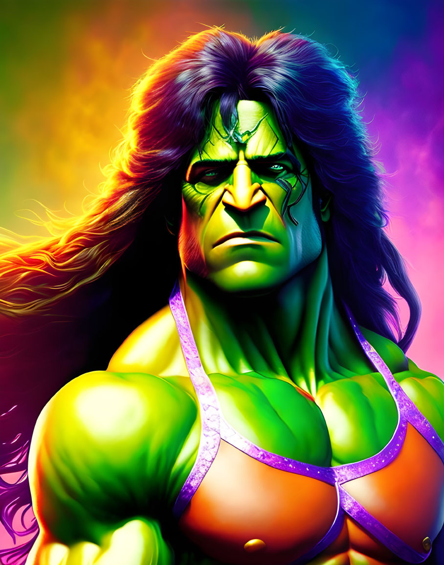 Muscular green character with dark hair on rainbow background