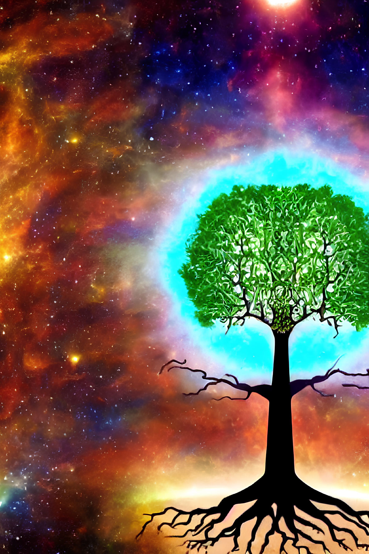 Colorful illustration of a lone tree against cosmic backdrop