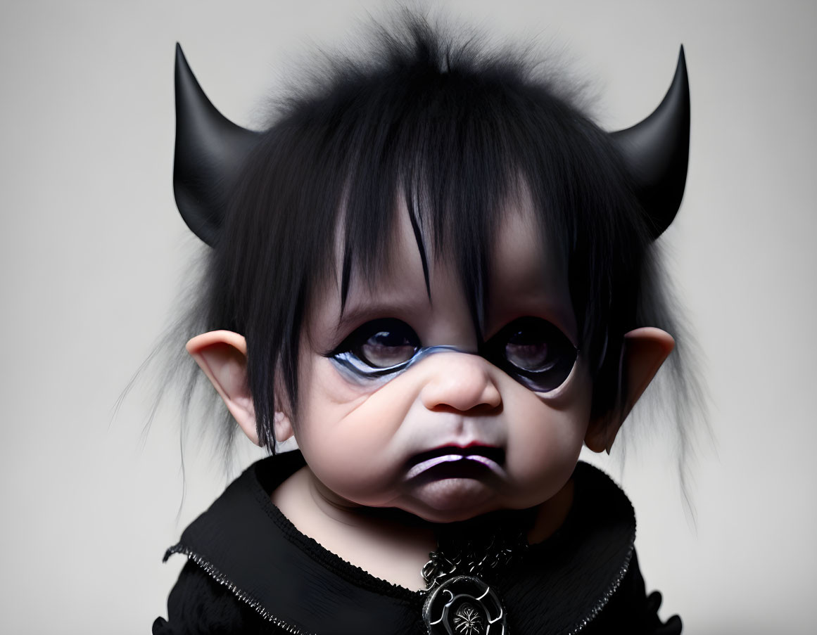 Fantasy character digital artwork with pointed ears, horns, black hair, and gothic attire.