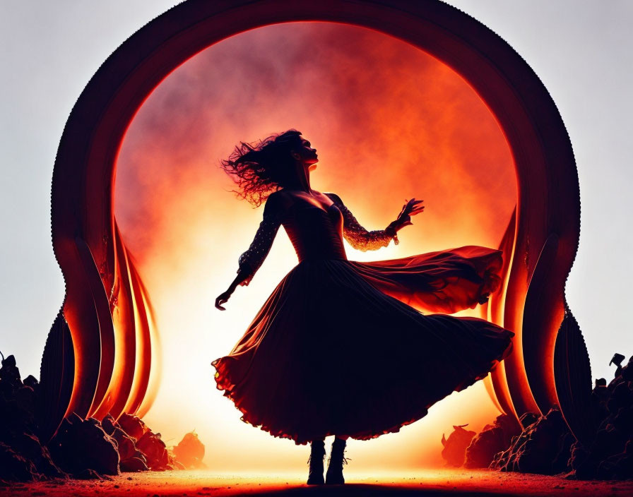 Silhouette of woman dancing in fiery orange circle