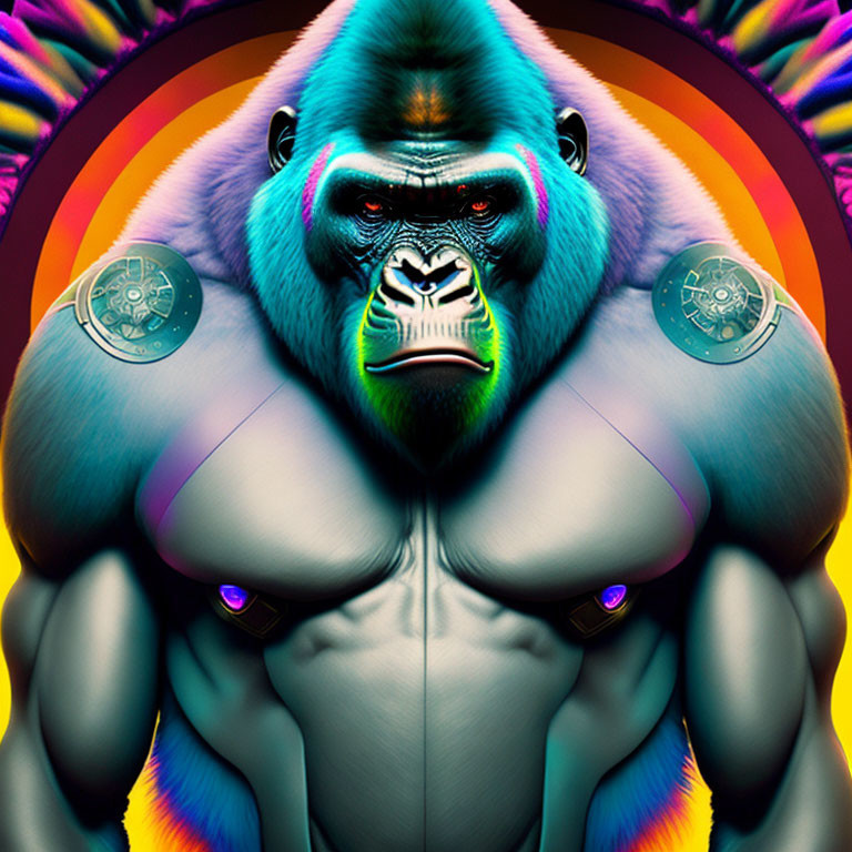 Colorful symmetrical gorilla art with neon colors and mechanical shoulder implants