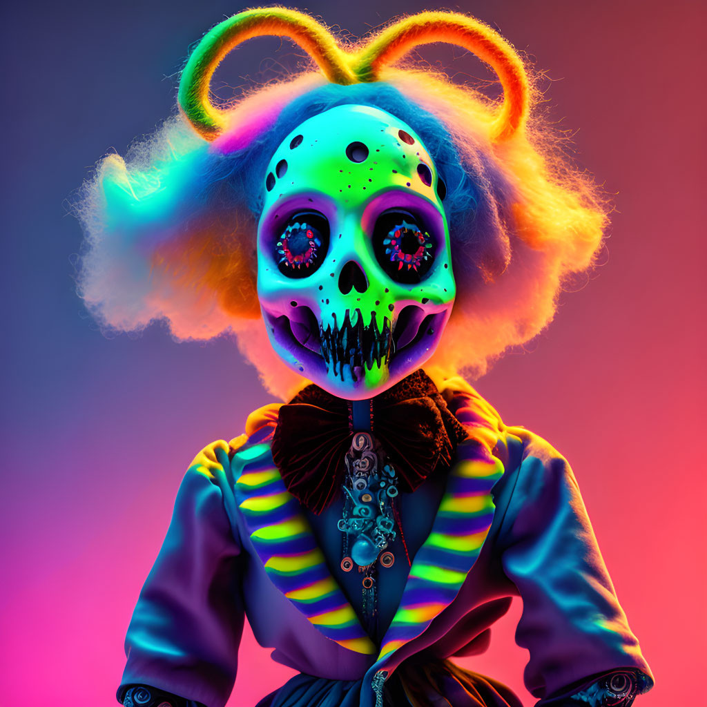 Colorful skull mask portrait with neon hair and clown-like costume on gradient background