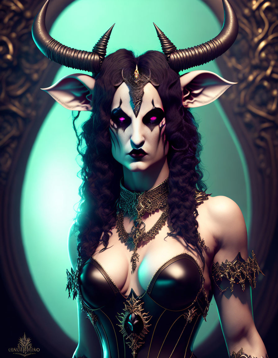 Fantasy illustration: Woman with horns, pointed ears, gold jewelry on teal backdrop