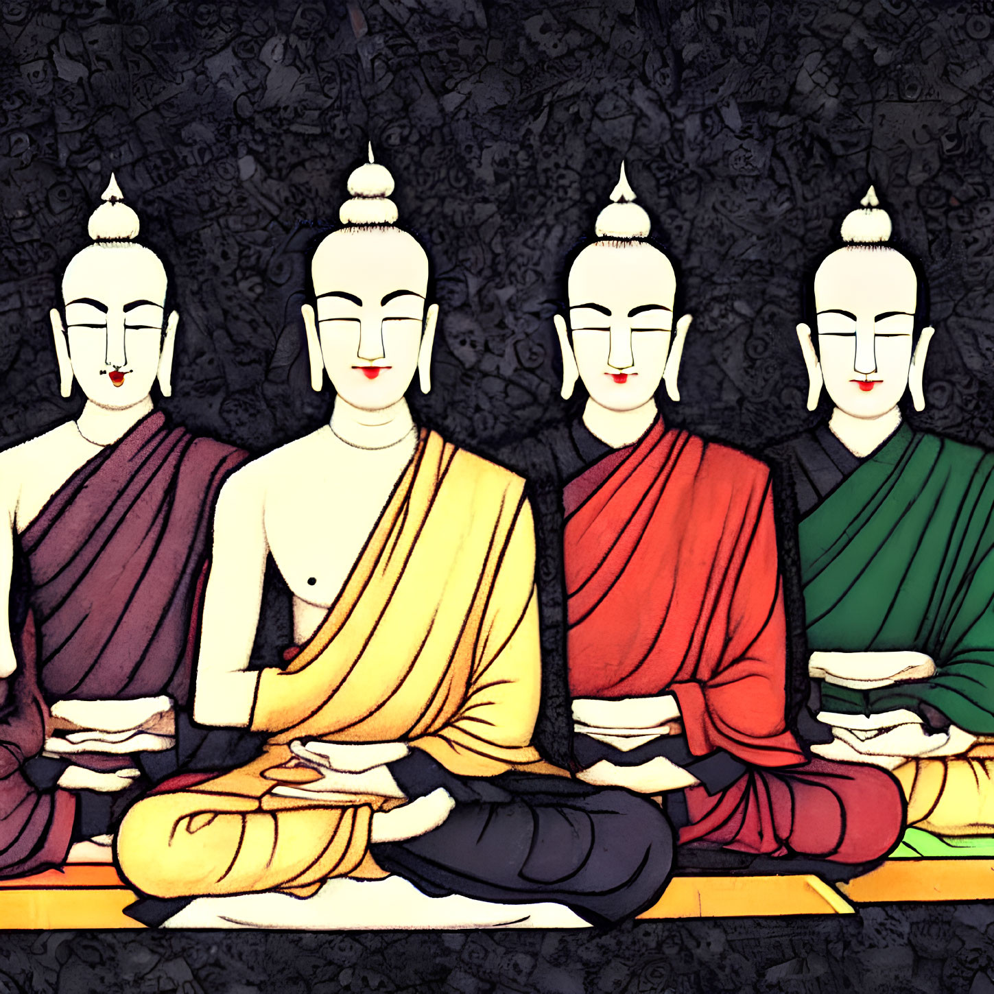 Stylized seated Buddha figures in different colored robes against decorative backdrop.