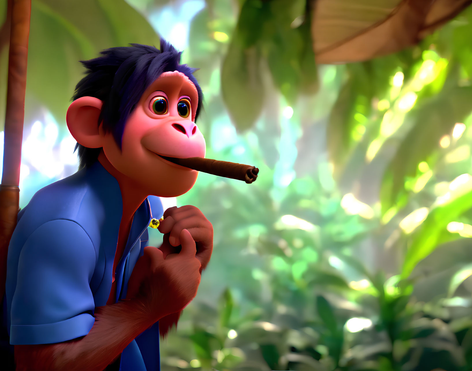 Blue-furred animated monkey with cigar in jungle setting