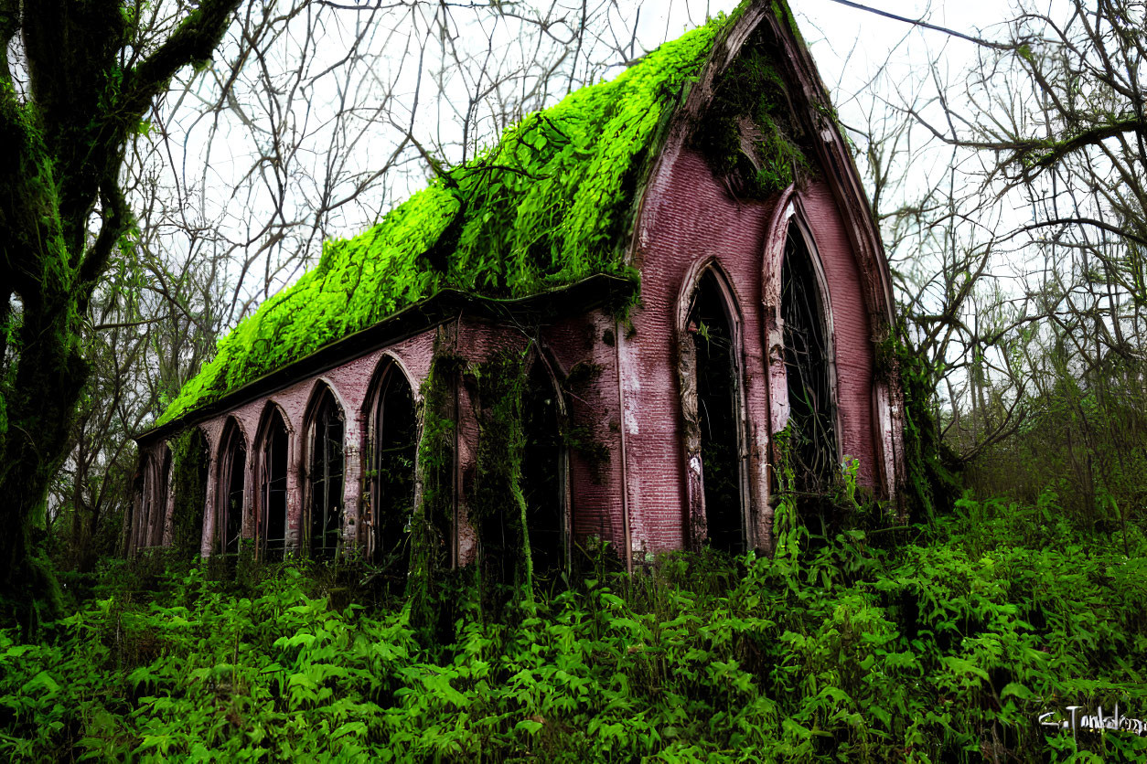 Moss-Covered Abandoned Gothic Building in Overgrown Setting