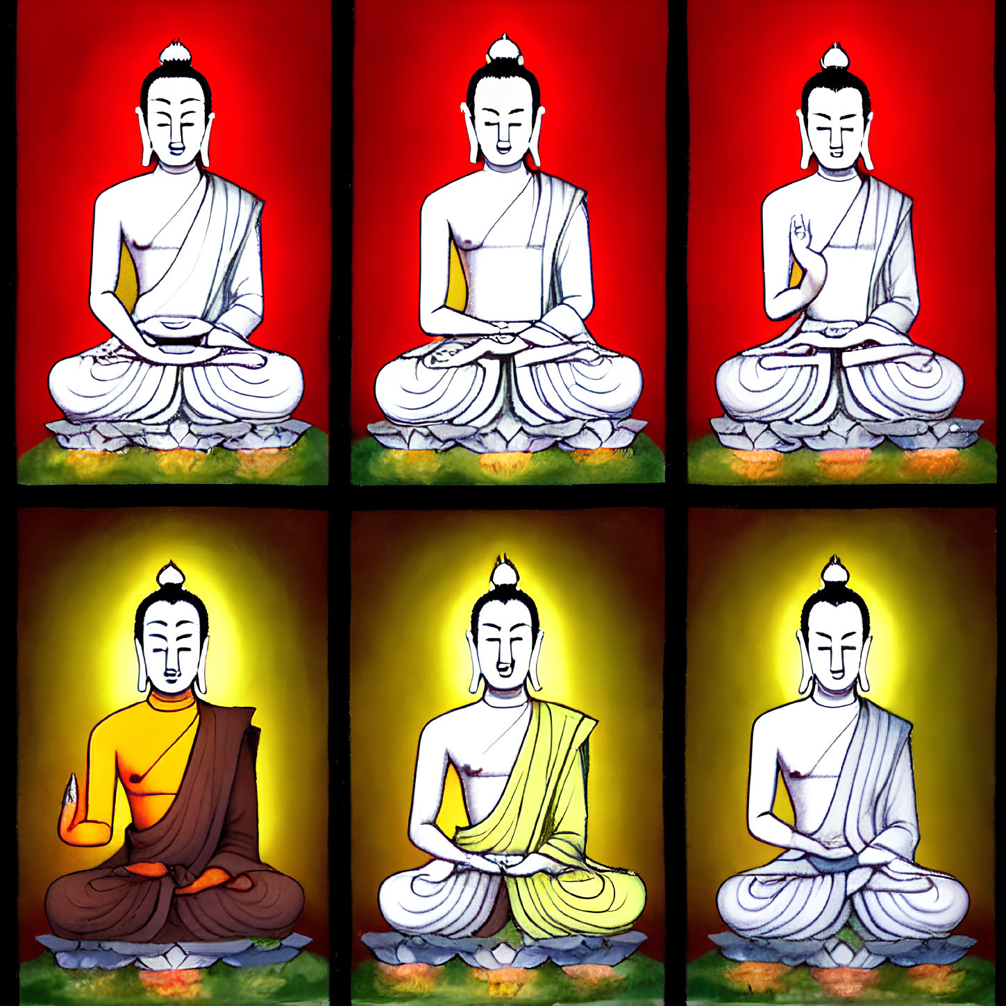 Six Seated Buddha Illustrations in Vibrant Robes