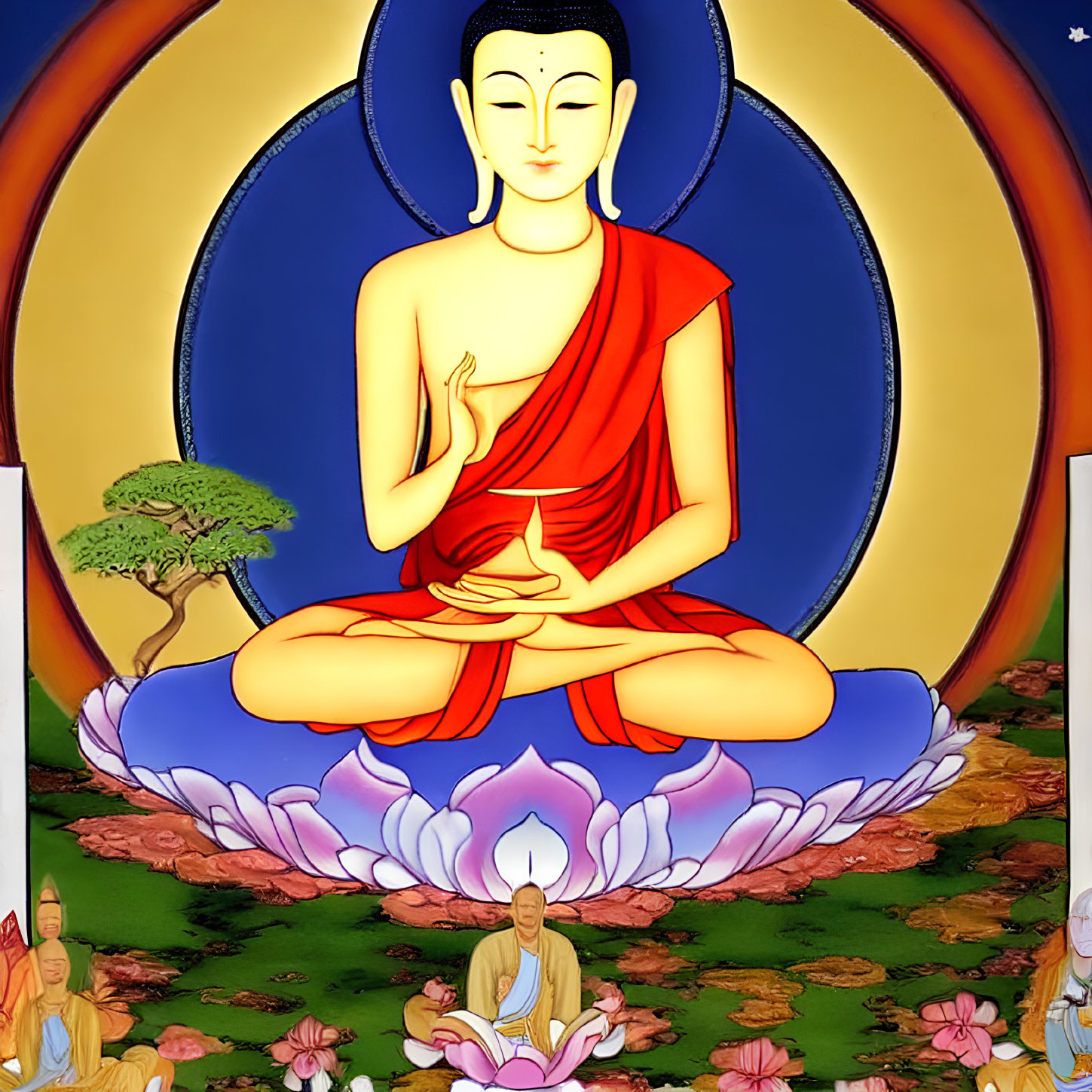 Seated Buddha in Meditation Surrounded by Followers and Nature