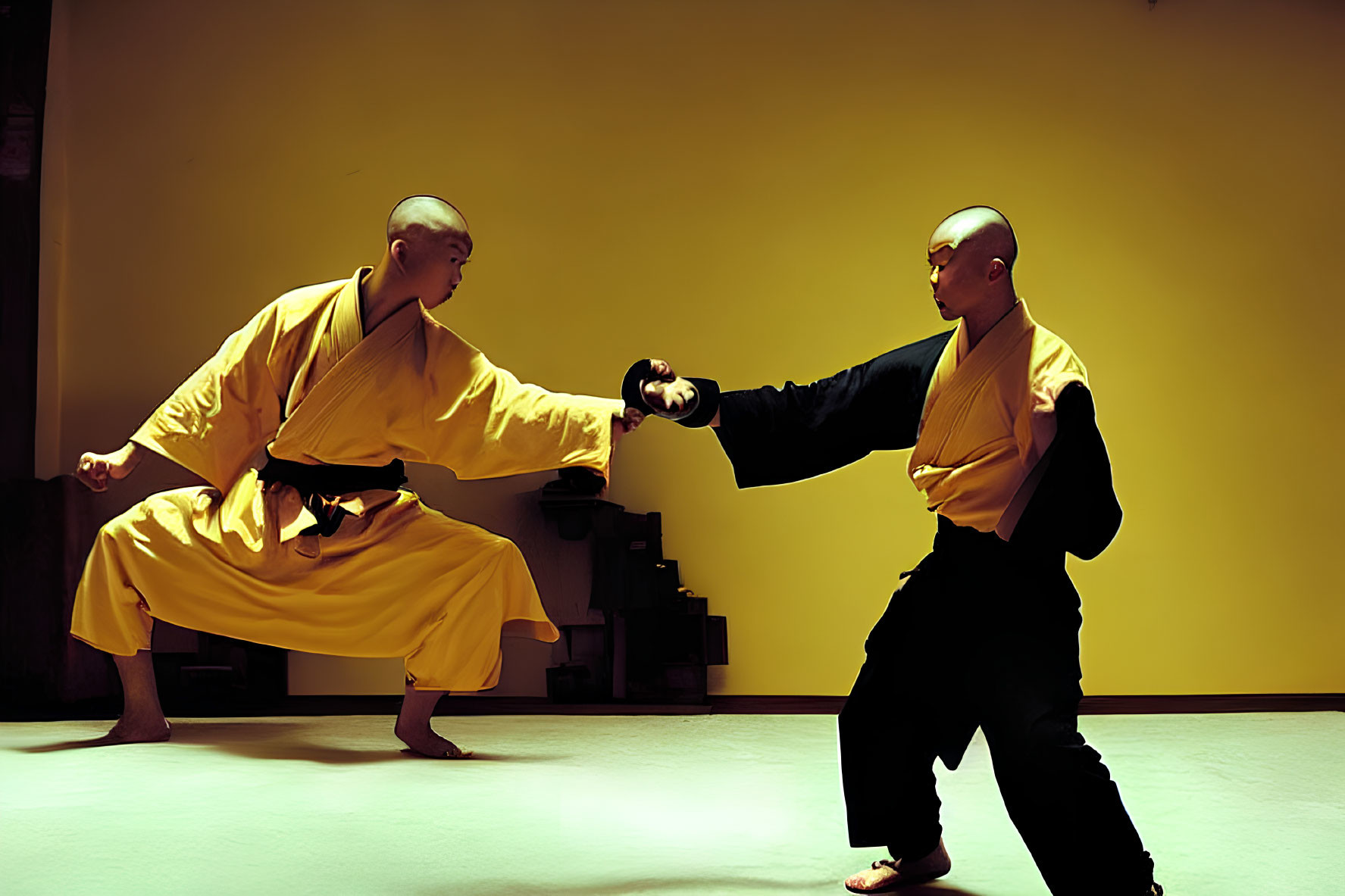 Two martial artists in yellow robes sparring in dimly lit room