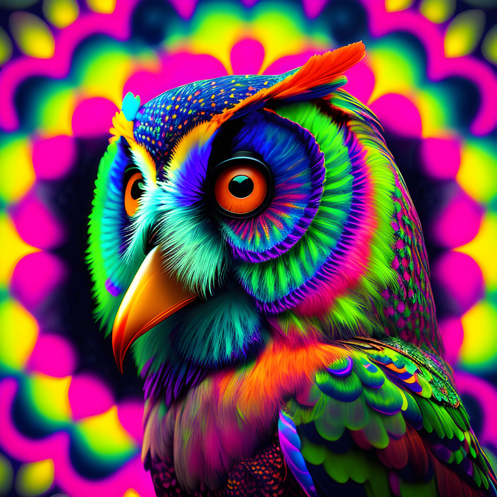 Colorful Owl Digital Illustration with Psychedelic Background