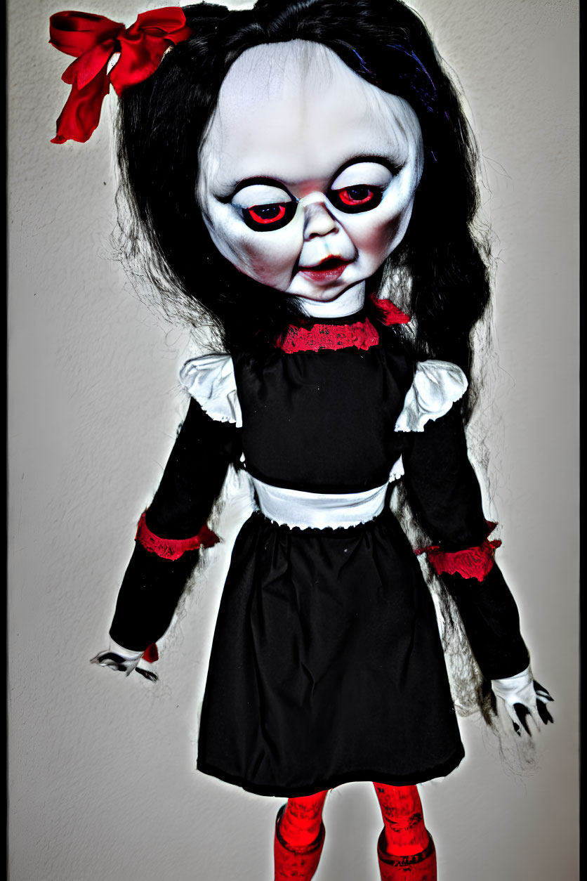 Creepy doll with pale skin, dark eyes, red irises, black dress, red bow.