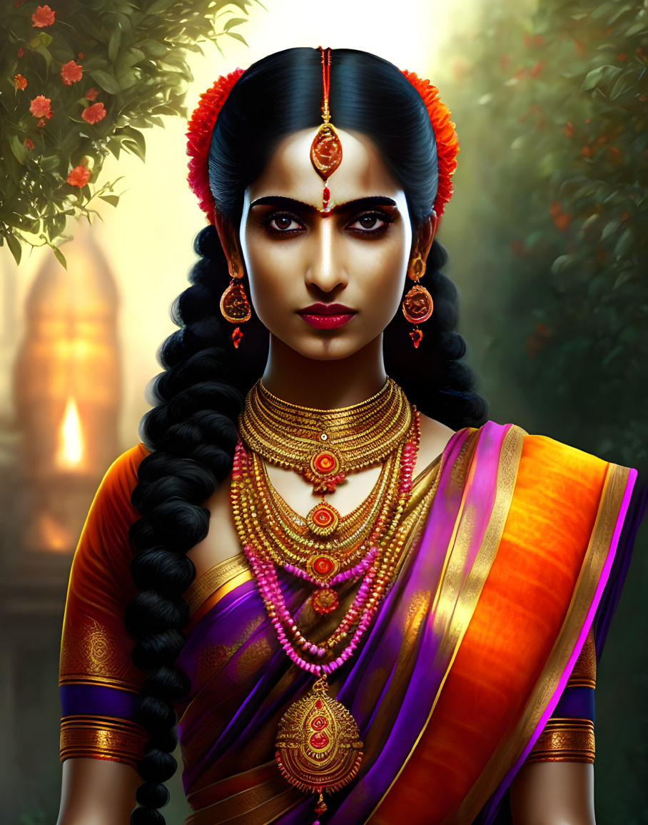 Traditional Indian Attire Woman with Elaborate Jewelry and Braid in Temple Setting