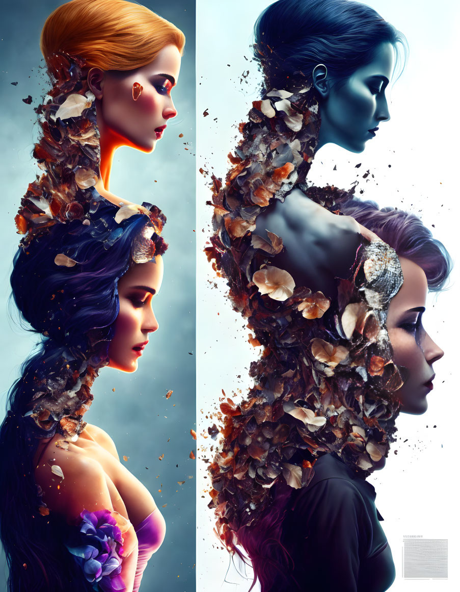 Contrasting portraits of women with vibrant hair and butterfly adornments