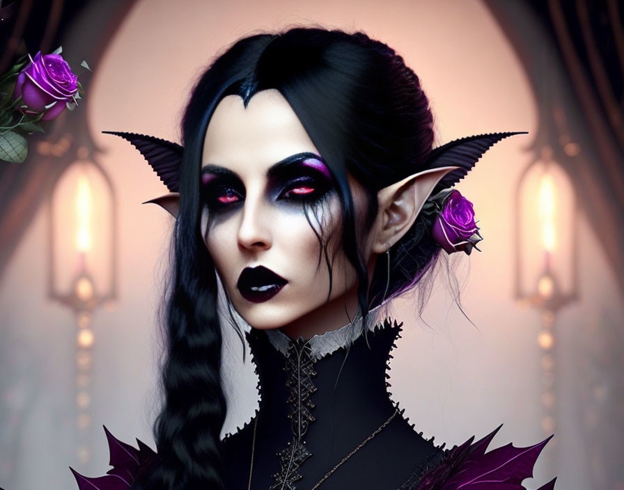 Gothic fantasy image of female character with dark hair and purple eyes in arched setting