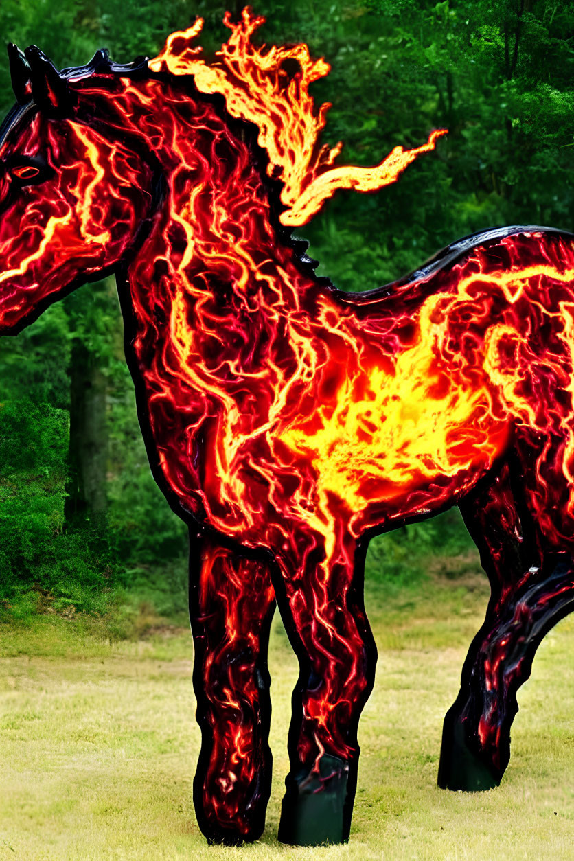 Horse image with lava-like body in forest setting