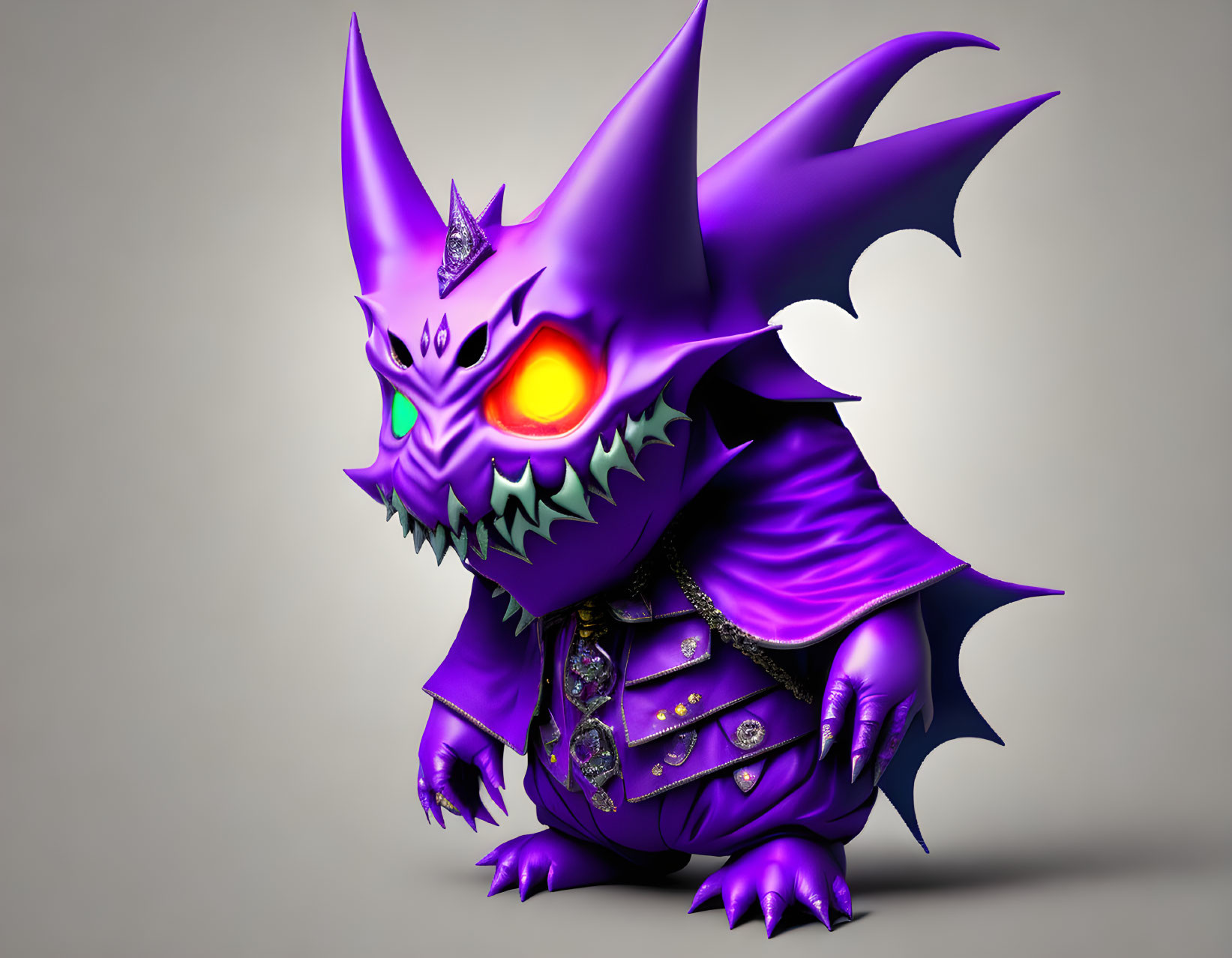 Purple Dragon with Orange Eyes and Jewelry on Plain Background