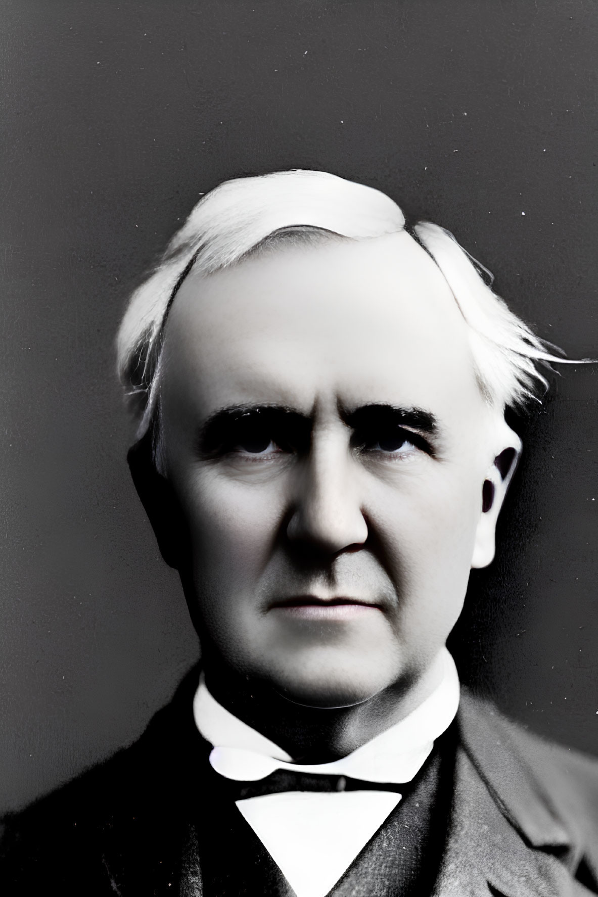 Mature Man Portrait with White Hair and Dark Bow Tie