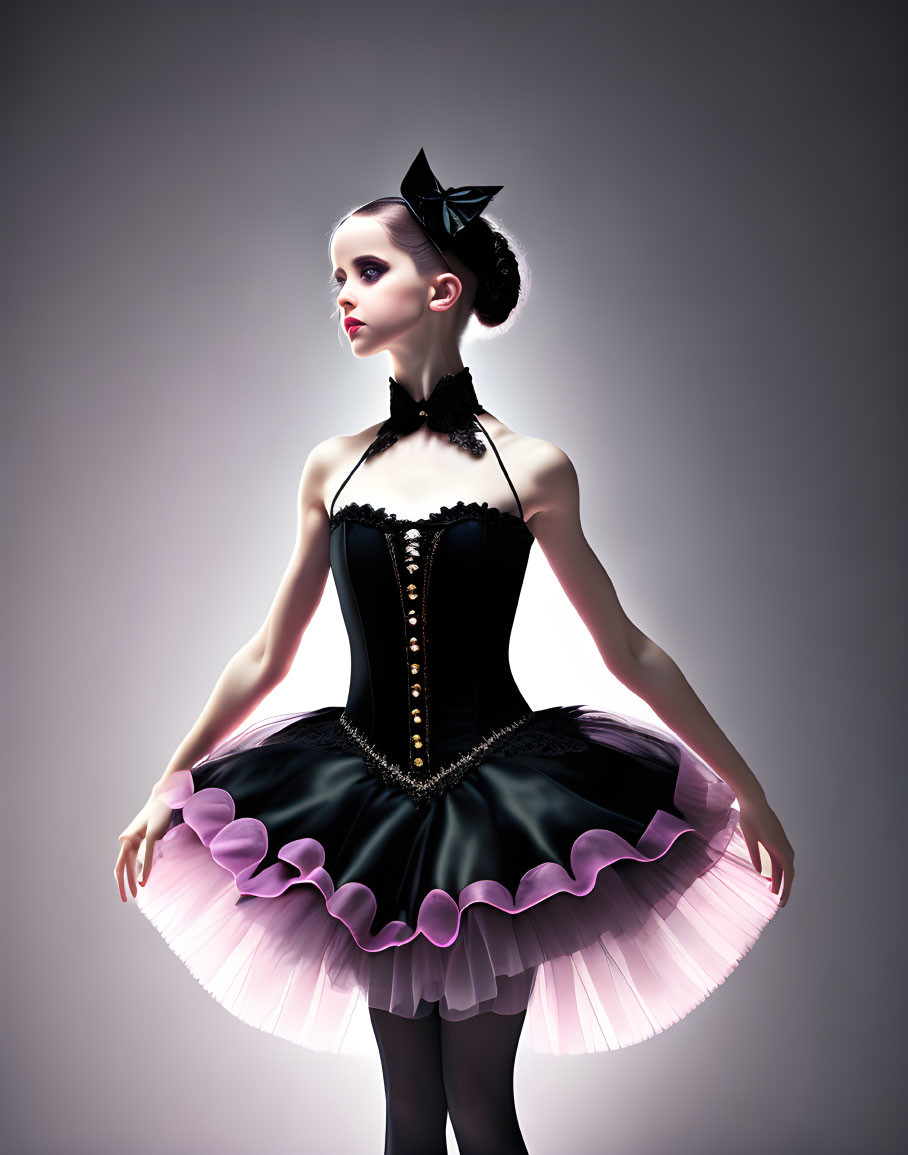 Stylish woman in black corset and tutu with pink highlights and artistic headpiece on gradient