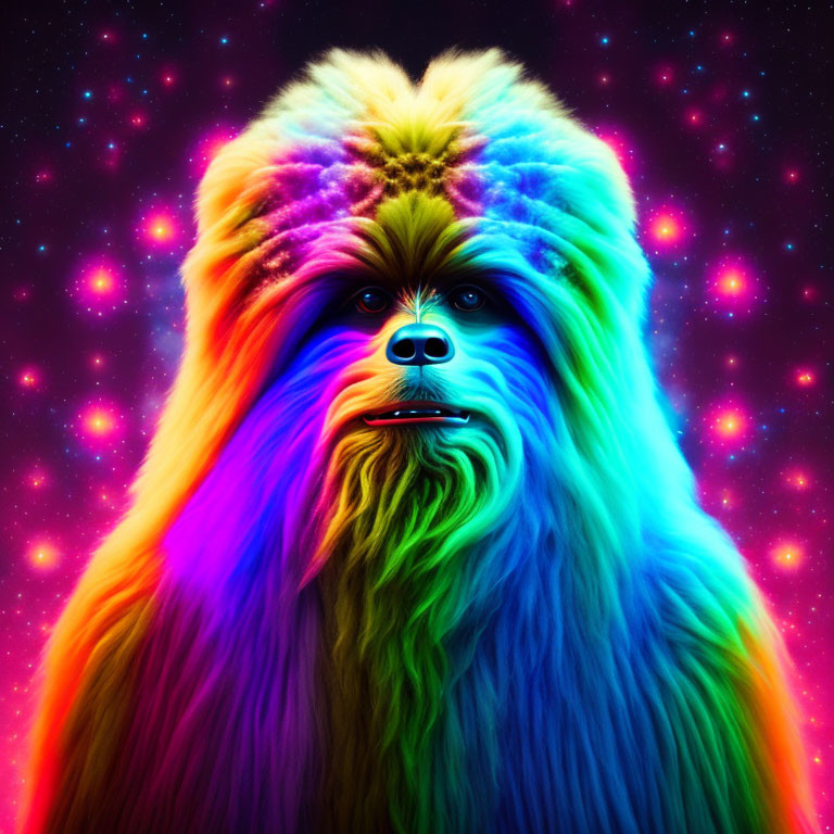 Vibrant digital artwork: Rainbow fur dog on starry backdrop