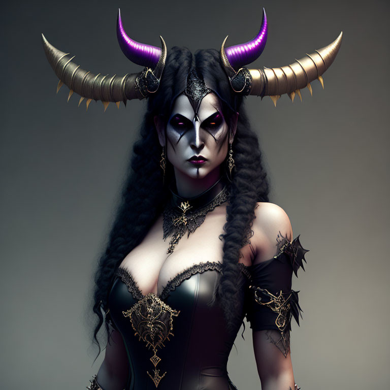 Person with demon-like makeup and curled horns in dark costume on grey background