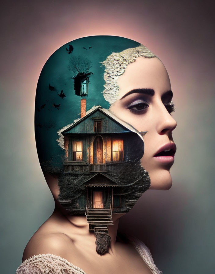 Surreal portrait: Woman with head opening to night scene and flying birds