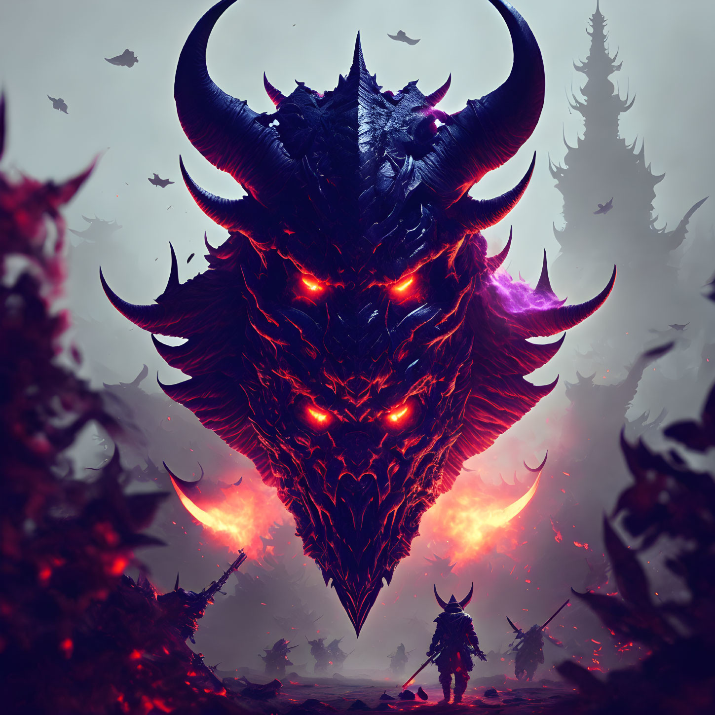 Menacing Dragon with Red Eyes and Purple Energy Confronts Silhouetted Warrior