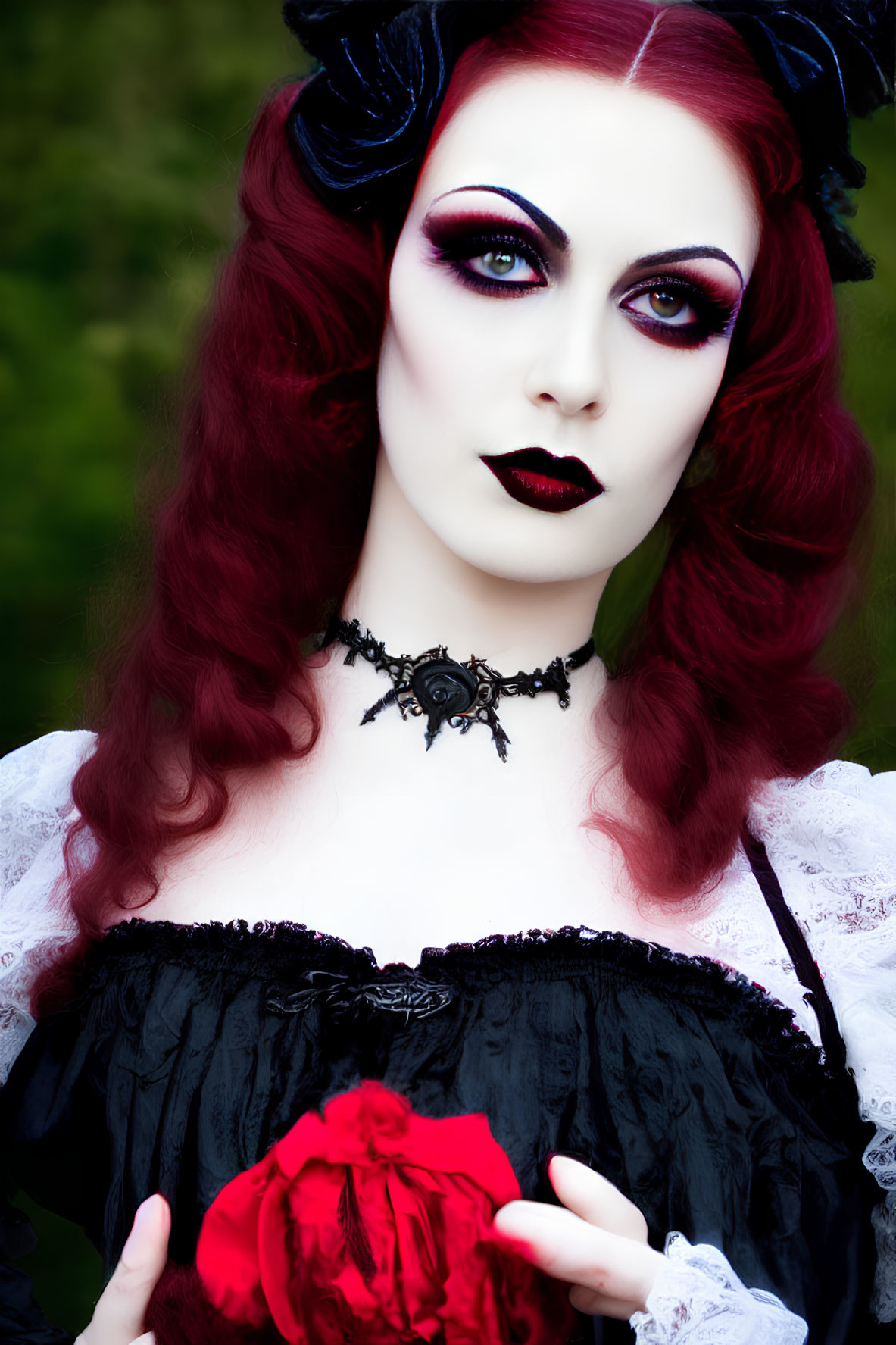 Red-haired person in gothic attire with dramatic makeup holding a red flower against lush backdrop