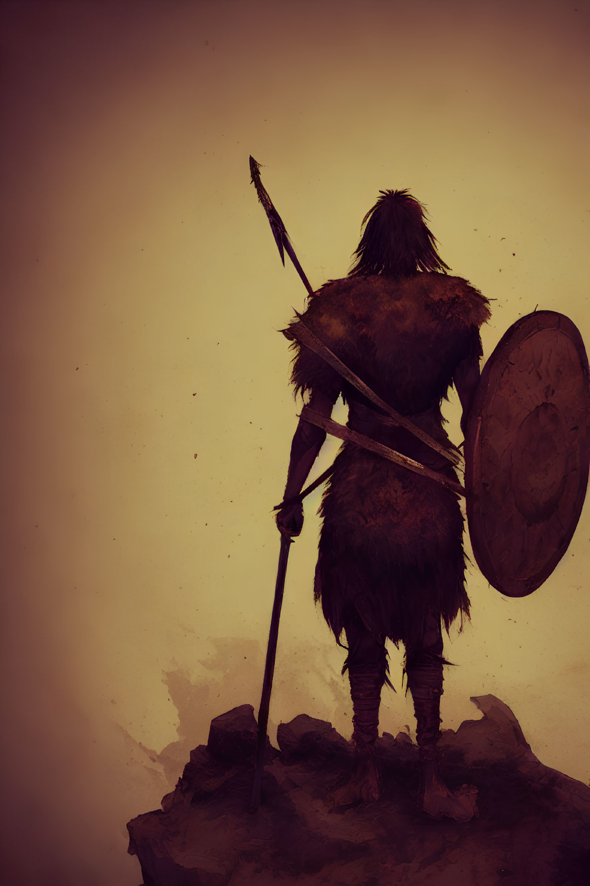 Warrior in furs with spear and shield on rocky outcrop.