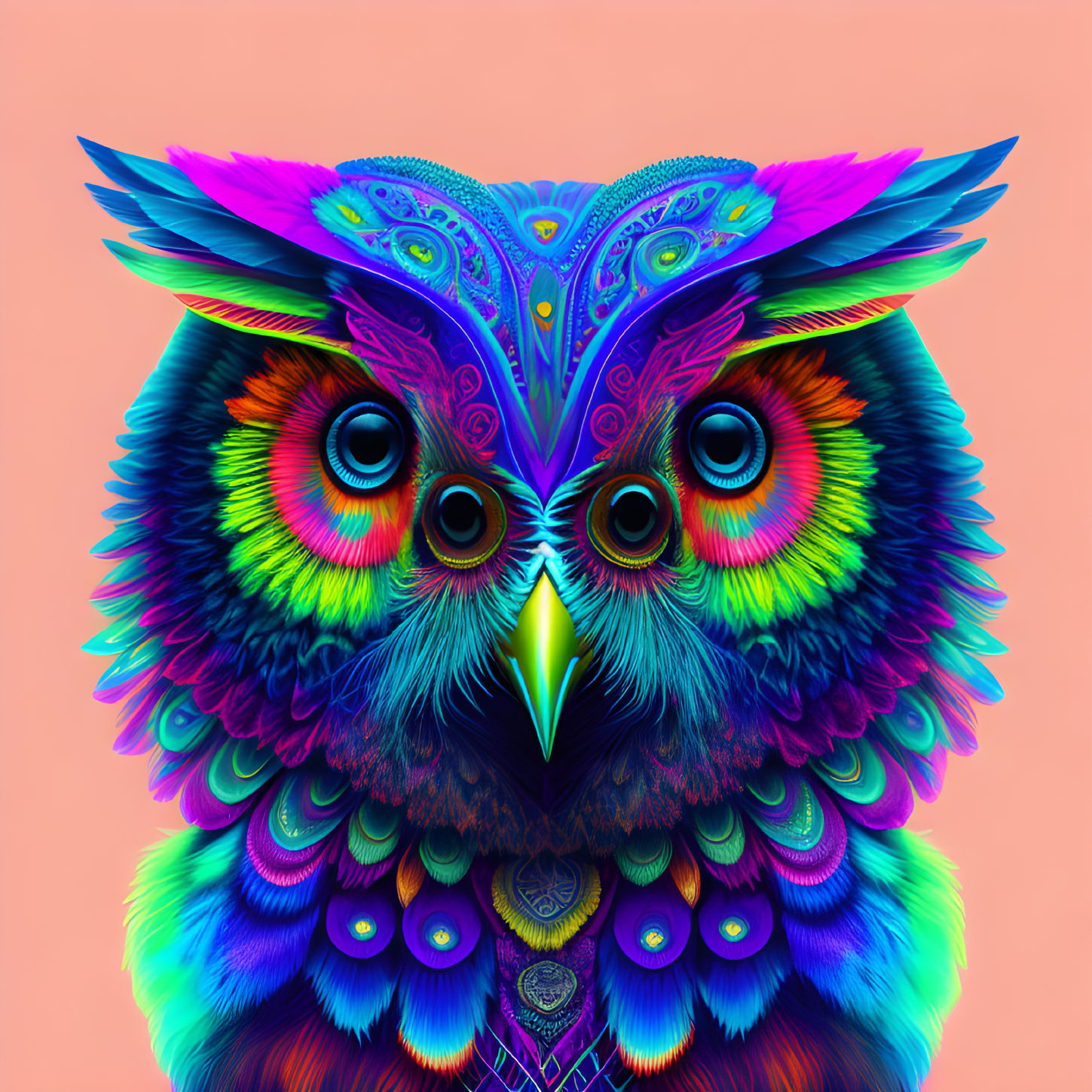 Colorful digital owl illustration with intricate patterns on pink background