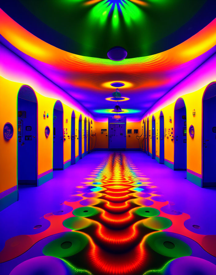 Colorful Psychedelic Hallway with Neon Lighting and Arched Doorways