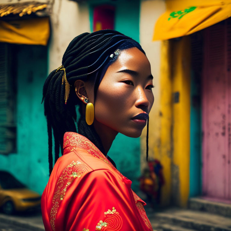 Braided Hair Woman in Red Garment with Gold Earrings