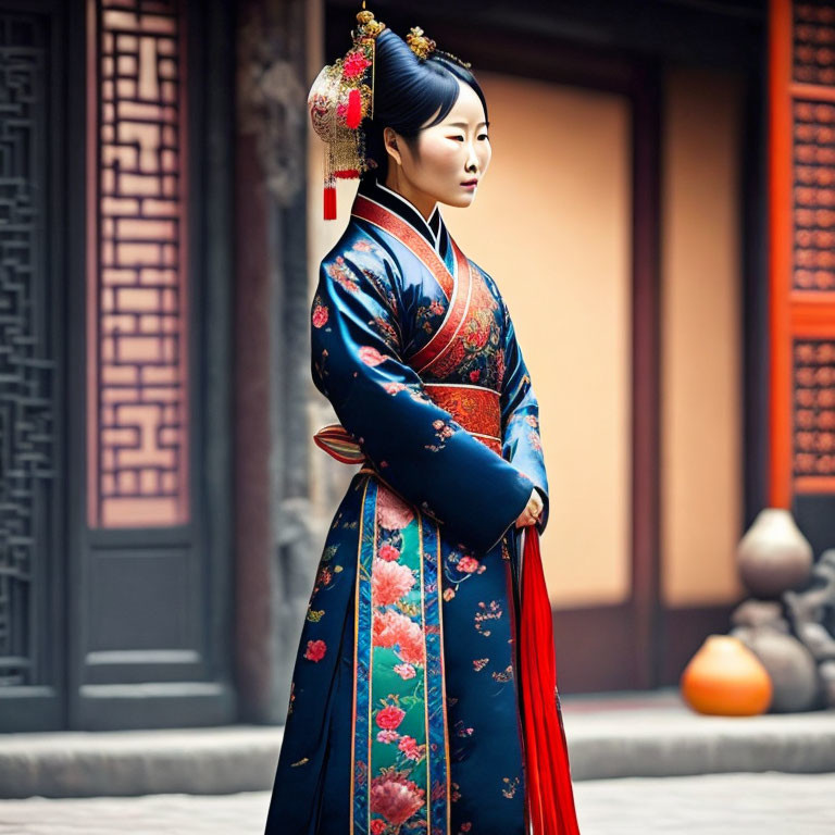 Traditional Chinese Attire Woman in Courtyard with Floral Patterns