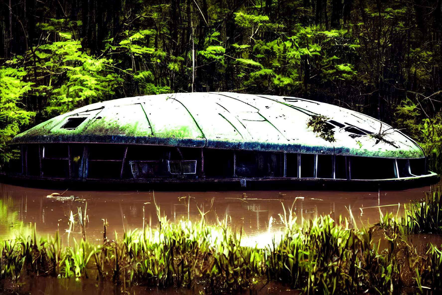 Abandoned moss-covered UFO-shaped structure in murky forest pond