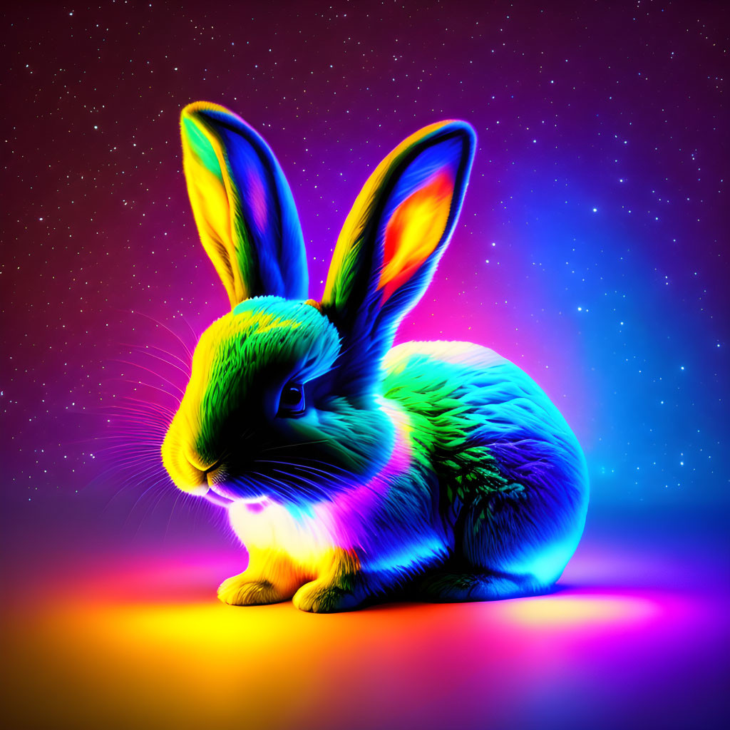 Colorful digital artwork: Rabbit in neon green and blue on cosmic purple and pink backdrop