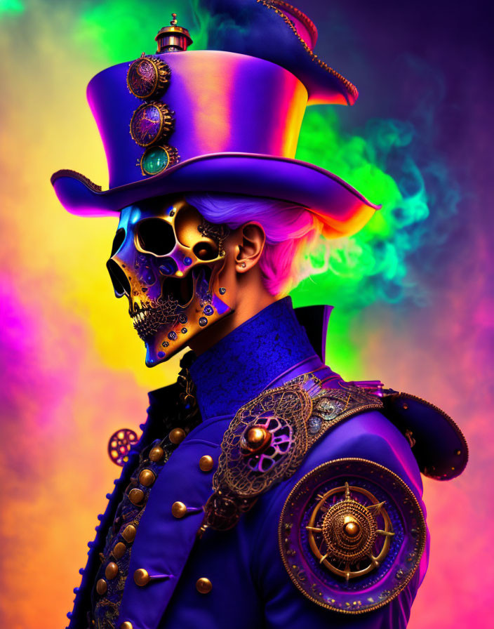 Colorful Figure with Skeleton Face in Purple Hat and Jacket on Multicolored Smoke Background