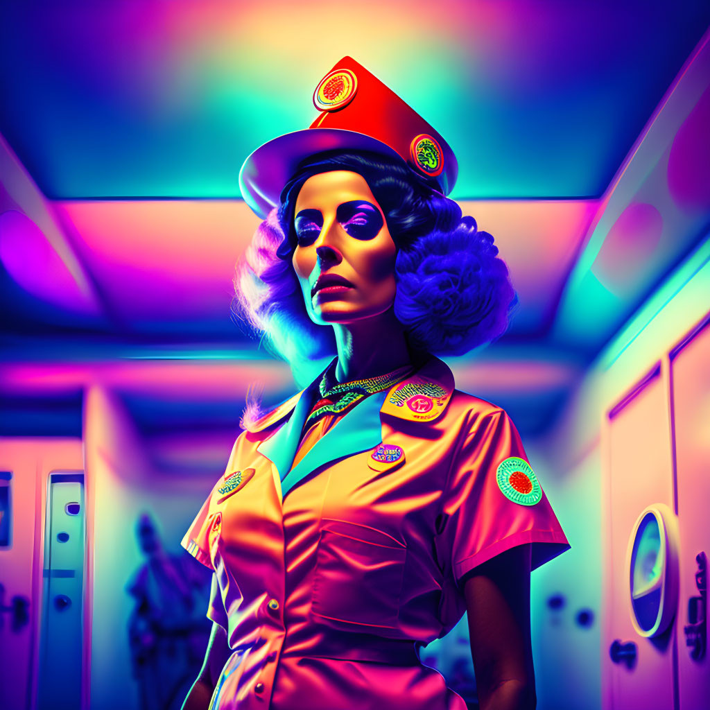 Vibrant retro-futuristic flight attendant in neon colors and vintage attire.