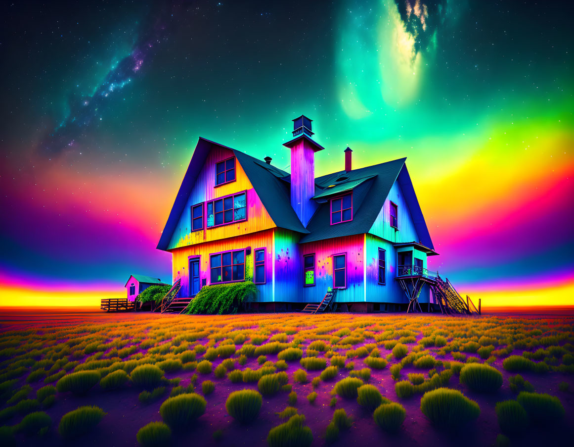 Colorful House Under Starry Night Sky with Neon Hues