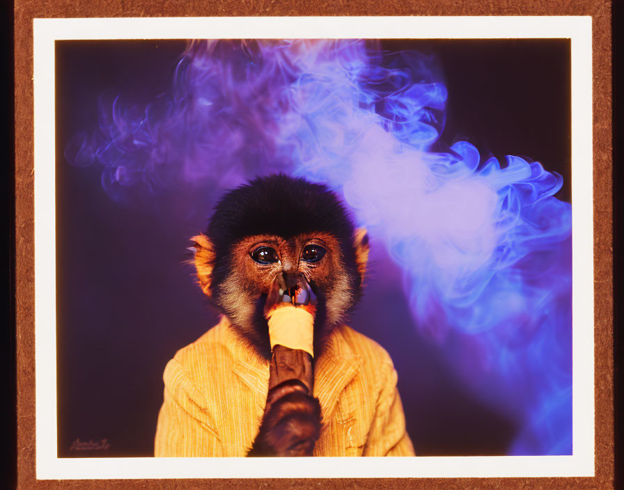 Monkey in Yellow Shirt Smoking with Blue Smoke: Surreal Anthropomorphic Portrait