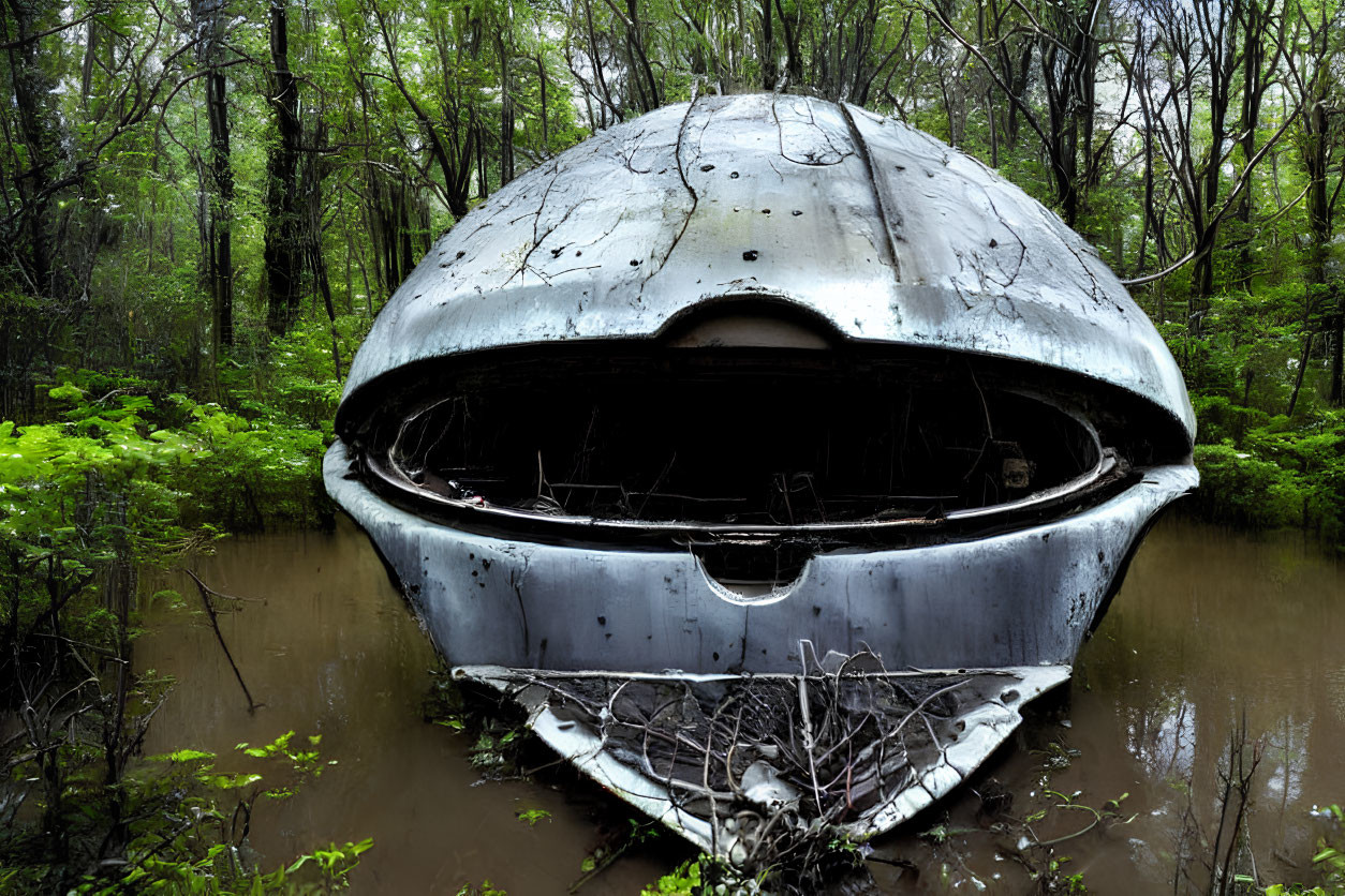 Abandoned UFO-shaped structure in water among trees