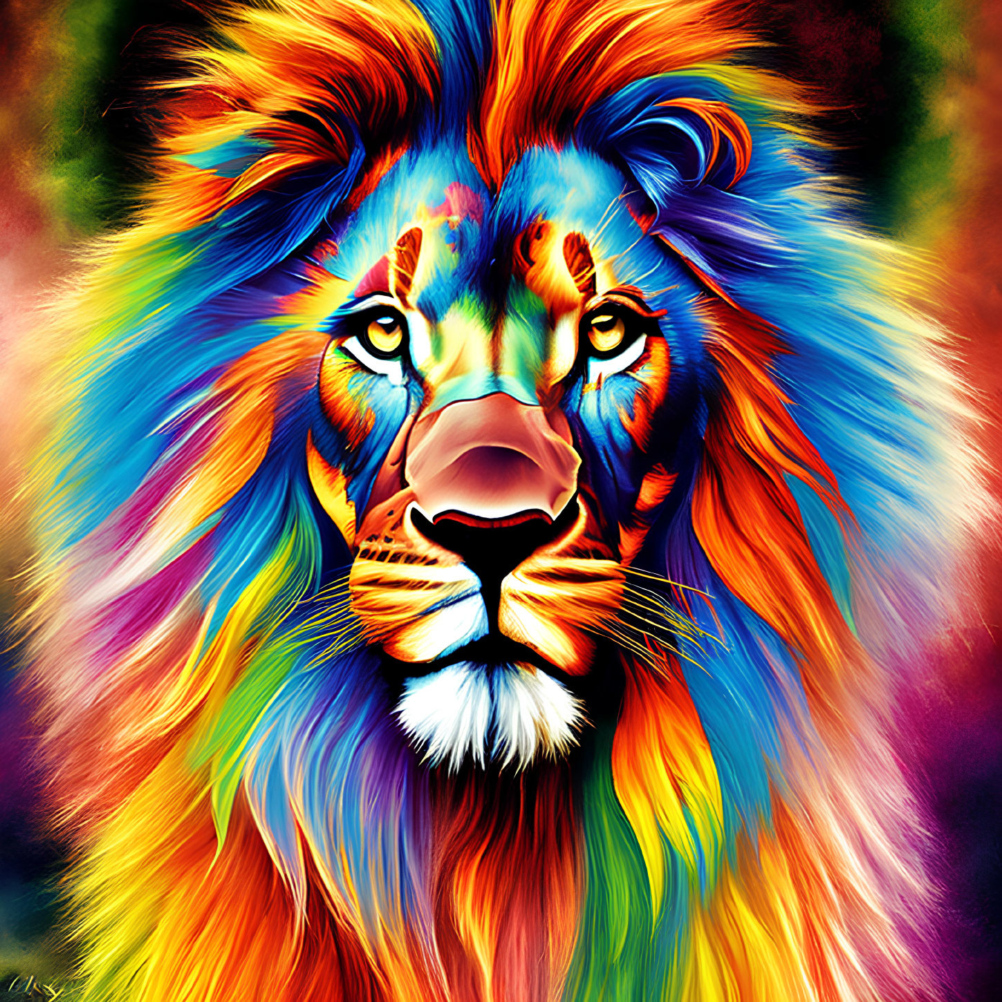 Vibrant lion face with colorful mane on vivid background