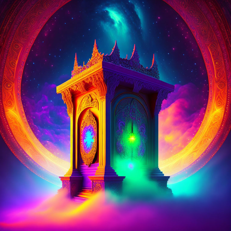 Surreal Thai-style archway under cosmic sky in circular frame