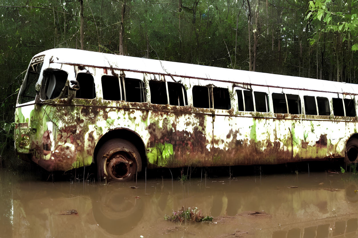 Rusted, moss-covered abandoned bus in muddy forest setting