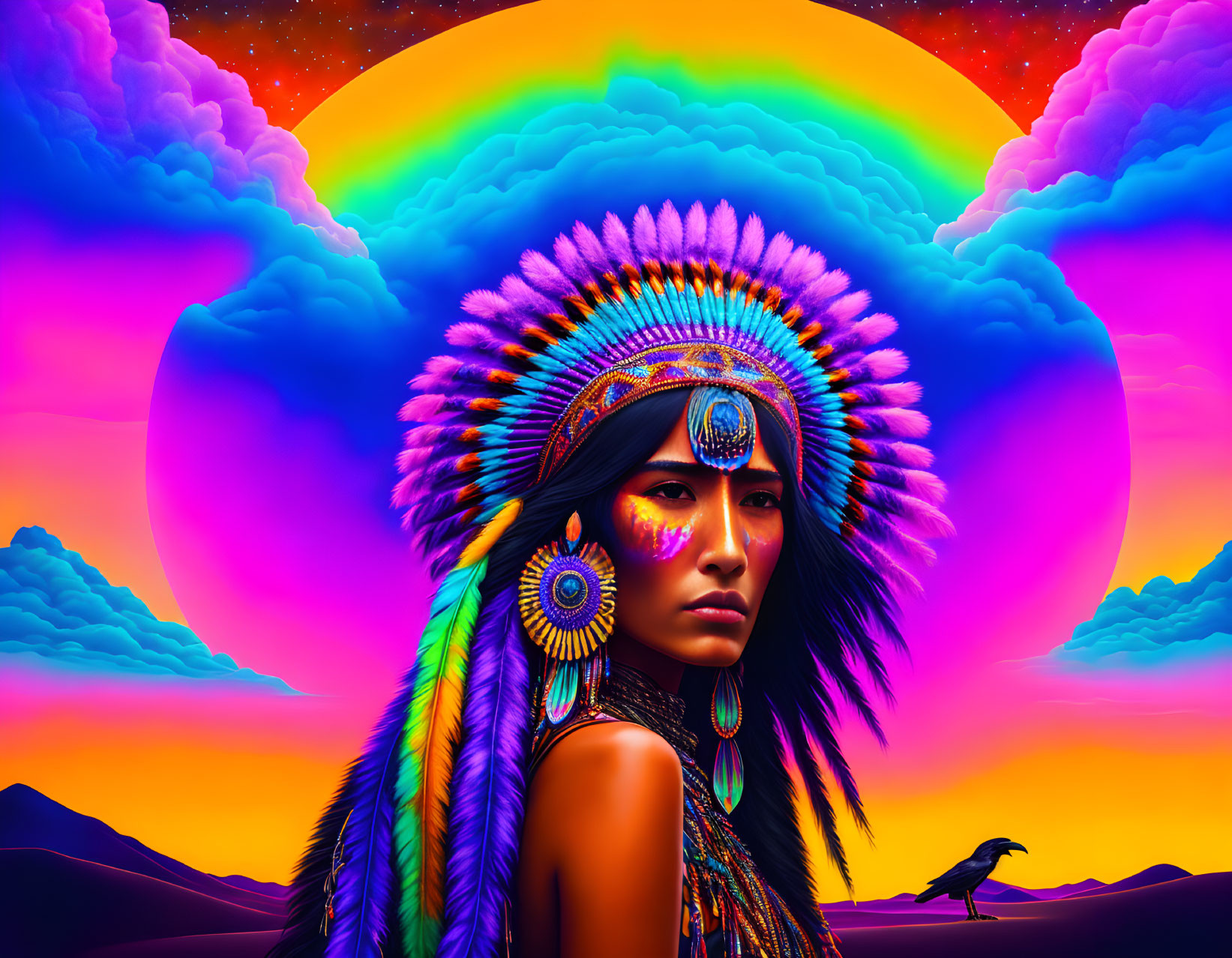 Colorful digital artwork: Woman in Native American headdress with sunset background