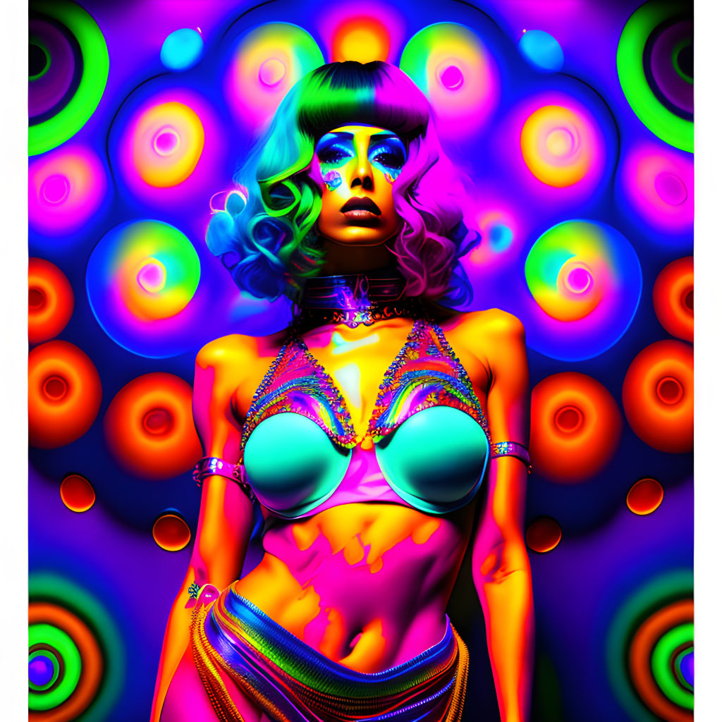 Colorful digital portrait of woman with vibrant, psychedelic background and blue hair