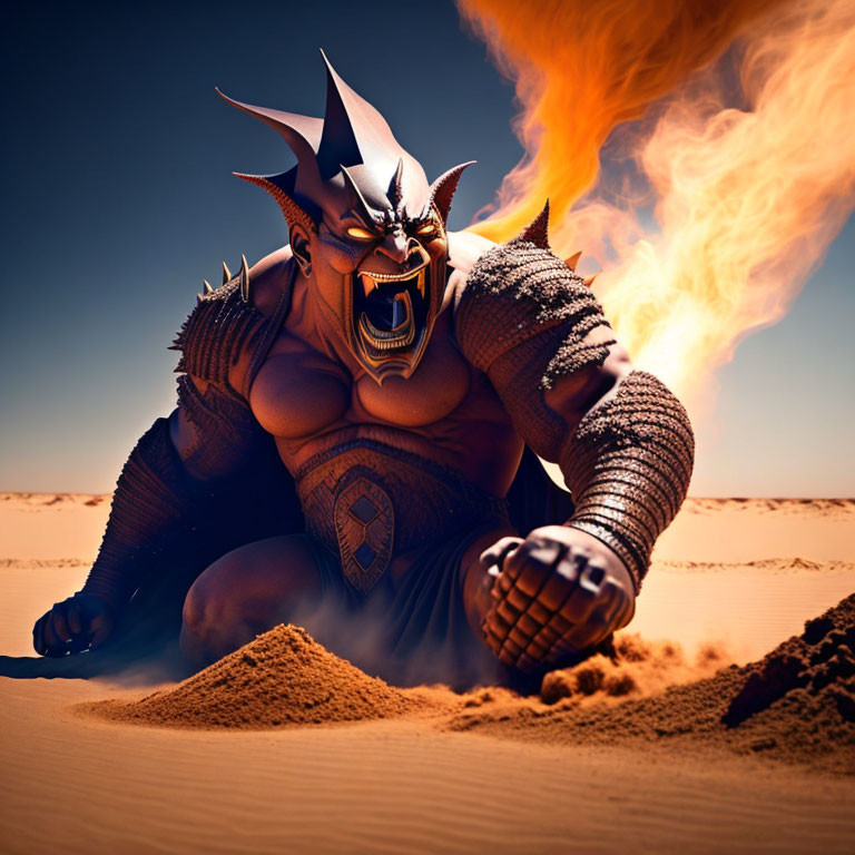 Sinister horned character in armor breathes fire in desert.