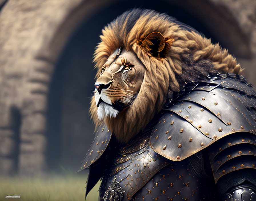 Majestic lion in dark metallic battle armor by stone gate