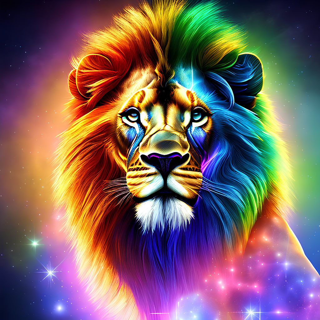 Colorful Lion Digital Art: Rainbow Mane on Cosmic Background